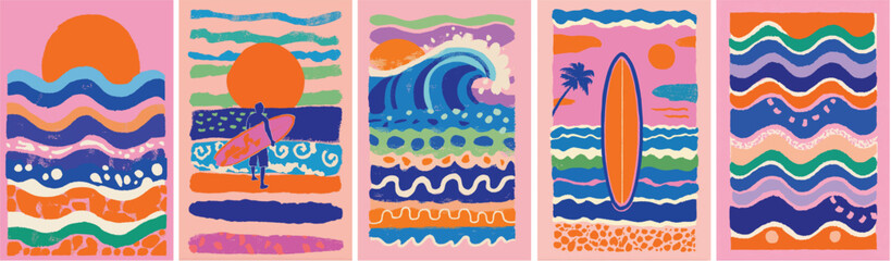 Colourful abstract summer background collection. hand drawn doodle style