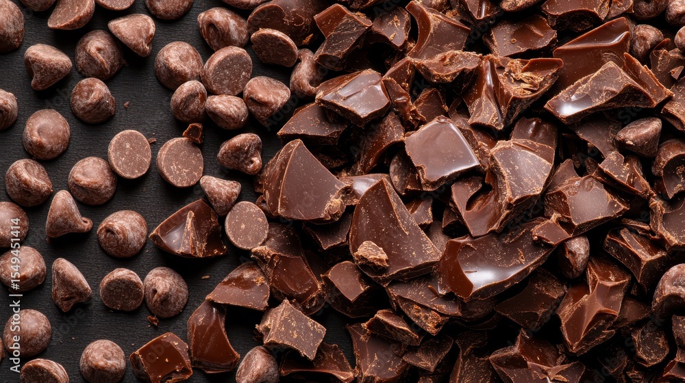 Poster this image portrays a beautiful array of chocolate pieces, including chocolate chips and broken chun