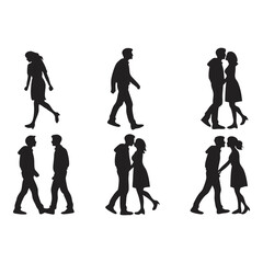 Silhouette Love: A collection of six silhouettes depicts the tender moments of a couple - walking, embracing, and kissing - symbolizing connection and togetherness.