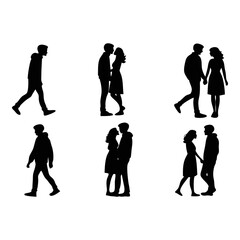 Couple Silhouettes Collection: A set of six stylish silhouettes depicting couples in various romantic poses, including walking hand-in-hand and embracing. Perfect for design projects related to love.