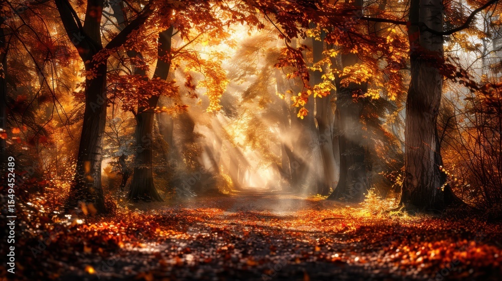 Poster a breathtaking autumn forest scene filled with vibrant golden leaves and soft rays of sunlight filte