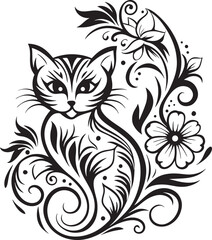 A cat is sitting in the flower garden, vector graphic design