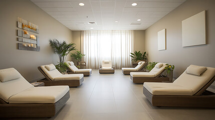 Modern Relaxation Lounge with Comfortable Loungers and Soft Lighting