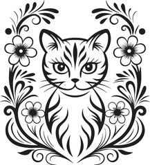 A cat is sitting in the flower garden, vector graphic design