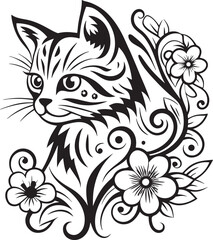A cat is sitting in the flower garden, vector graphic design