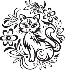 A cat is sitting in the flower garden, vector graphic design