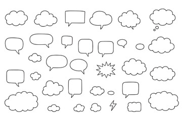 Speech bubbles. Empty comic dialog boxes. Hand drawn text places. Funny doodle style. Various outline shapes. Communication windows. Dialogue stickers. Thinking clouds. Vector illustration