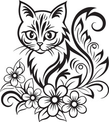 A cat is sitting in the flower garden, vector graphic design