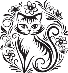 A cat is sitting in the flower garden, vector graphic design