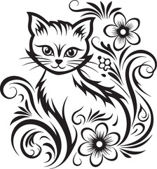 A cat is sitting in the flower garden, vector graphic design