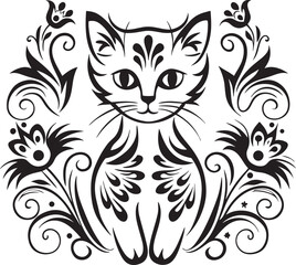 A cat is sitting in the flower garden, vector graphic design