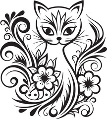 A cat is sitting in the flower garden, vector graphic design