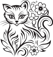 A cat is sitting in the flower garden, vector graphic design