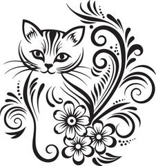 A cat is sitting in the flower garden, vector graphic design