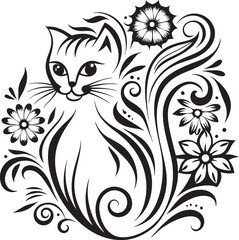 A cat is sitting in the flower garden, vector graphic design