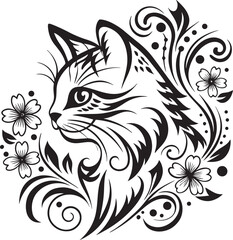A cat is sitting in the flower garden, vector graphic design