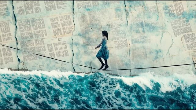 a woman in a dress and heels balancing on a tightrope above crashing ocean waves