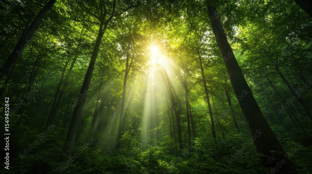Poster this captivating image features sunlight piercing through the dense canopy of trees in a serene fore