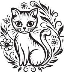 A cat is sitting in the flower garden, vector graphic design