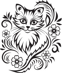 A cat is sitting in the flower garden, vector graphic design