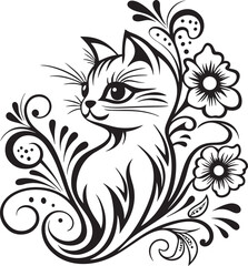 A cat is sitting in the flower garden, vector graphic design