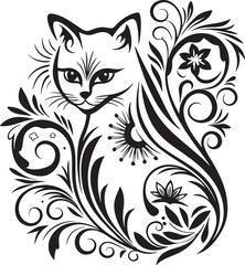 A cat is sitting in the flower garden, vector graphic design