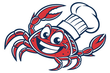 Cheerful red crab chef smiles brightly wearing a chef hat and having big claws