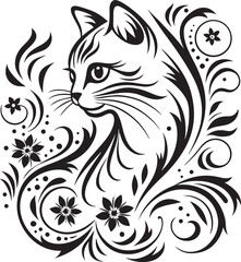 A cat is sitting in the flower garden, vector graphic design