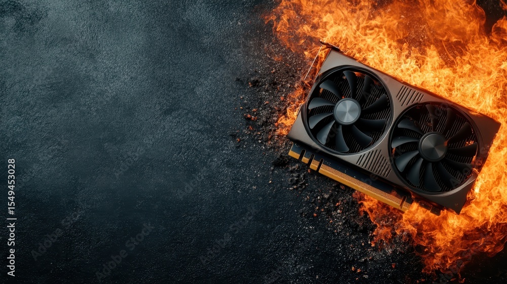 Fototapete a high-tech graphics card engulfed in flames represents the intensity of gaming technology and power
