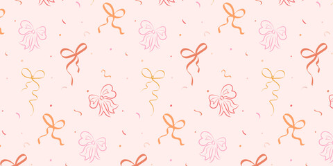 Cute Bows Seamless Pattern, Pink, Background with Hand Drawn Bows, Vintage, Vector