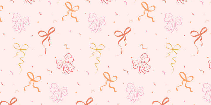 Cute Bows Seamless Pattern, Pink, Background with Hand Drawn Bows, Vintage, Vector