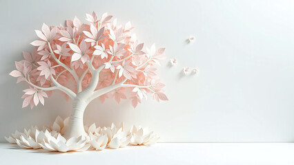 Elegant paper tree with pastel pink leaves and soft floral details.