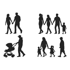 Family Silhouette Collection:  A collection of silhouettes depicting family life, showcasing the bonds of parents with children during leisure, joy, support, and love. 
