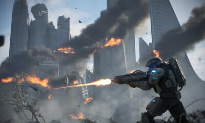 Obraz premium Futuristic Soldier Firing Weapon in War-Torn Urban Landscape