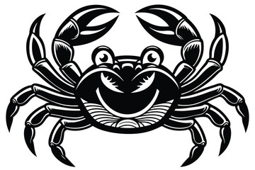Smiling black and white crab raises its claws, displaying a whimsical, nautical character