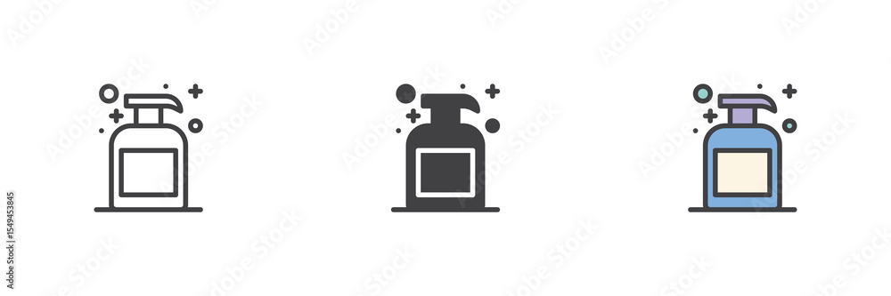 Poster liquid soap dispenser icon set in line, solid and filled outline style