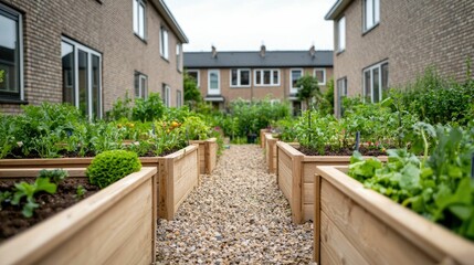 Thriving Urban Garden Project Representing Community Care and Collaborative Gardening A lush well tended garden filled with raised beds vegetables herbs and lush foliage