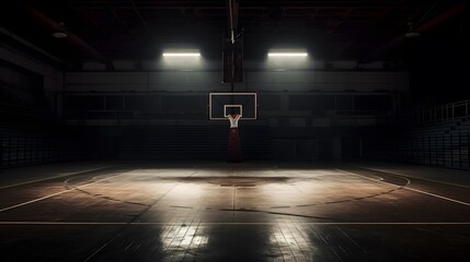 Empty basketball court illuminated by overhead lights in a dark gymnasium