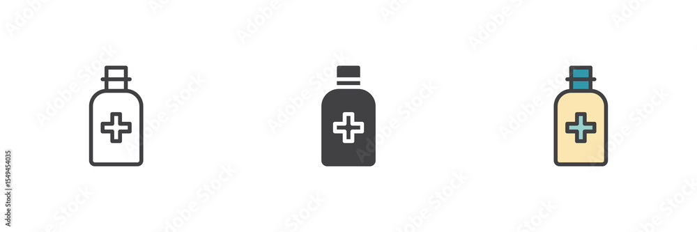 Poster disinfectant bottle icon set in line, solid and filled outline style