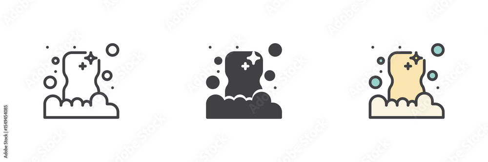 Aufkleber foam soap icon set in line, solid and filled outline style