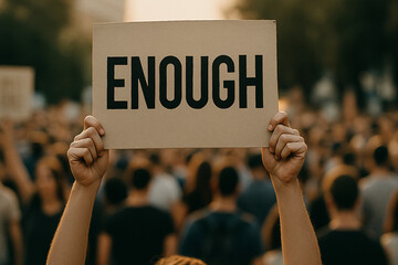 Word Enough written on card board in hands beside a rally