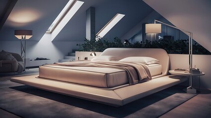 Elegant bedroom interior with luxurious bed, skylight and soothing ambience