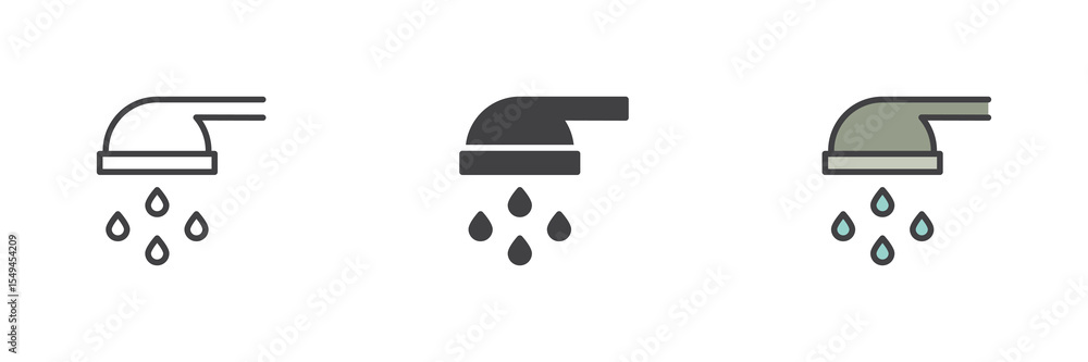 Poster shower head icon set in line, solid and filled outline style