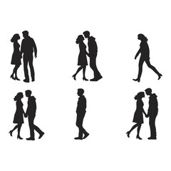 Silhouette of Eternal Bond: A captivating silhouette captures tender moments of love, commitment and togetherness. Two figures walk, embrace, share a kiss, holding hands.
