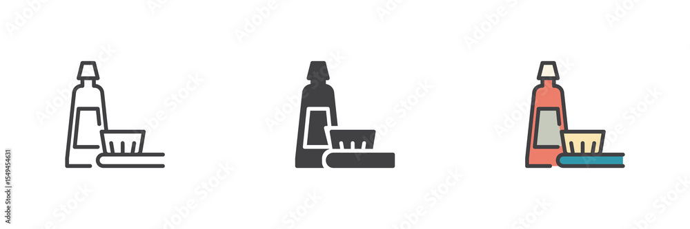 Poster Toothpaste and brush icon set in line, solid and filled outline style