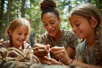 Friendly girl scout learning knot-tying skills with supportive instructor amid lush forest greenery, sharing joyful moment of outdoor education. Summer camp