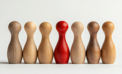 A single red wooden figure stands out amongst a row of different colored wooden figures