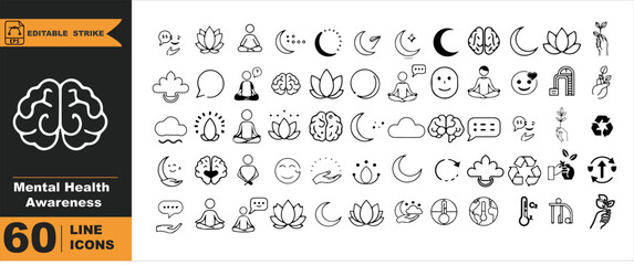 Mental Health Awareness Vector Outline Icons Set – Brain, Heart, Support, Therapy, Mindfulness, Wellness