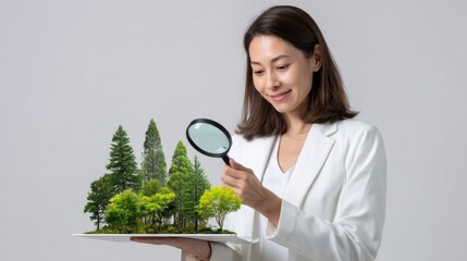 Female architect holding a magnifying glass inspecting a detailed miniature model of trees and landscape with a neutral background for architectural and environmental design analysis