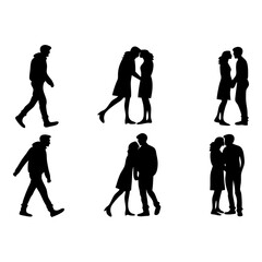 Silhouettes of Love: A series of monochrome silhouettes depicts romantic couples, capturing various moments of intimacy and connection between two individuals. 